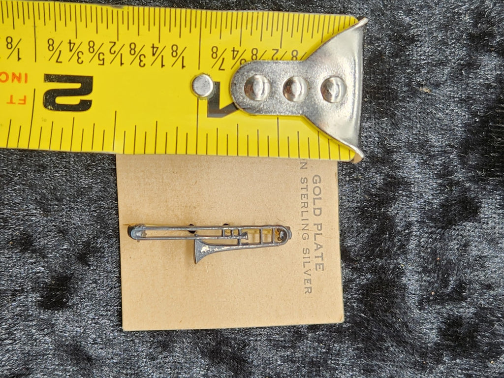 Vintage Trombone Brooch Pin Gold Plate on Sterling Silver w/ Original Card Music
