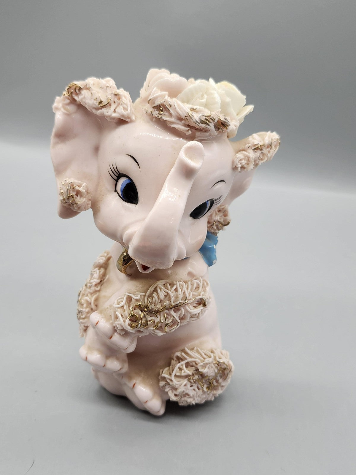 Vintage Pink Porcelain Elephant Figurine Spaghetti Flowers Blue Bow Collectible