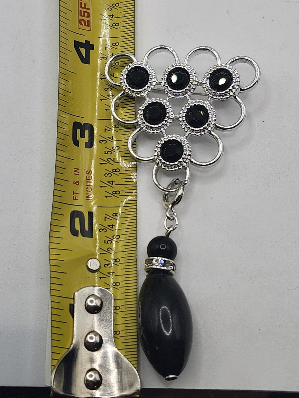 Napier Black Flower Brooch Pin Silver Tone Dangle Bead Rhinestone Jewelry Gift