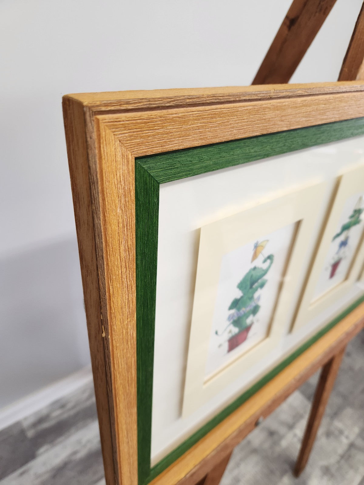 Vintage Ethan Allen Whimsical Topiary Wall Art Framed Triple Print 28x15 Signed 