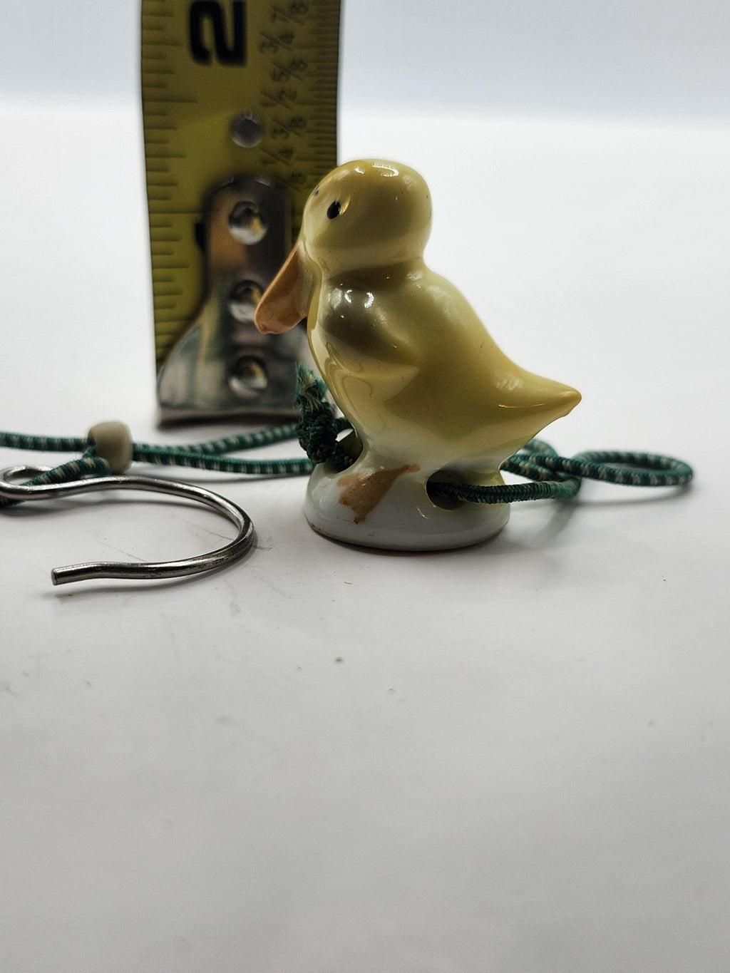 Porcelain Duck Ornament Small Yellow Bird Green Cord Metal Hook Figurine Decor