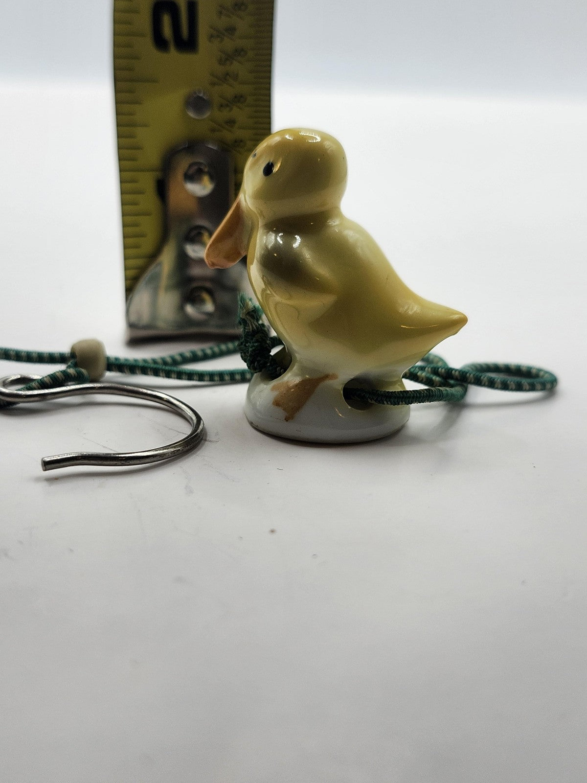 Porcelain Duck Ornament Small Yellow Bird Green Cord Metal Hook Figurine Decor