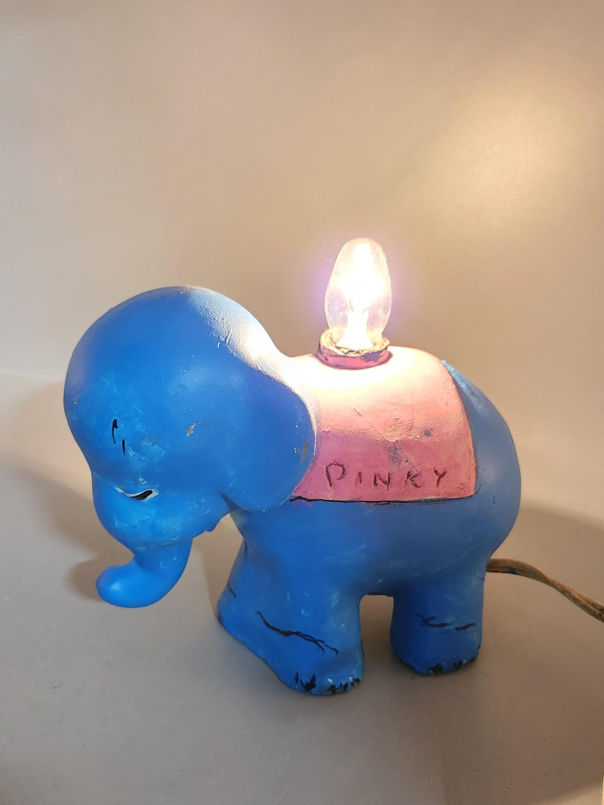 Vintage Chalkware Blue Elephant Bedside Lamp Plug In Nursery Night Light Pinky