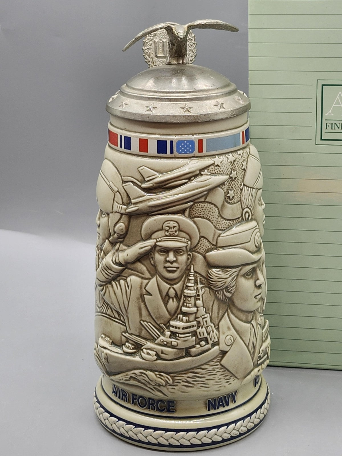 Vintage 1990 Avon American Armed Forces Beige Lidded Stein Brazil Decor USA