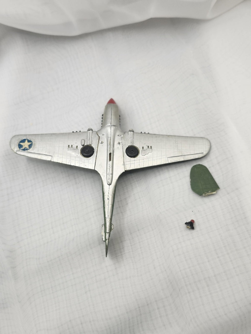 Vintage Zamak Military Airplane Toy Small Green Fighter Shark Mouth Parts Repair