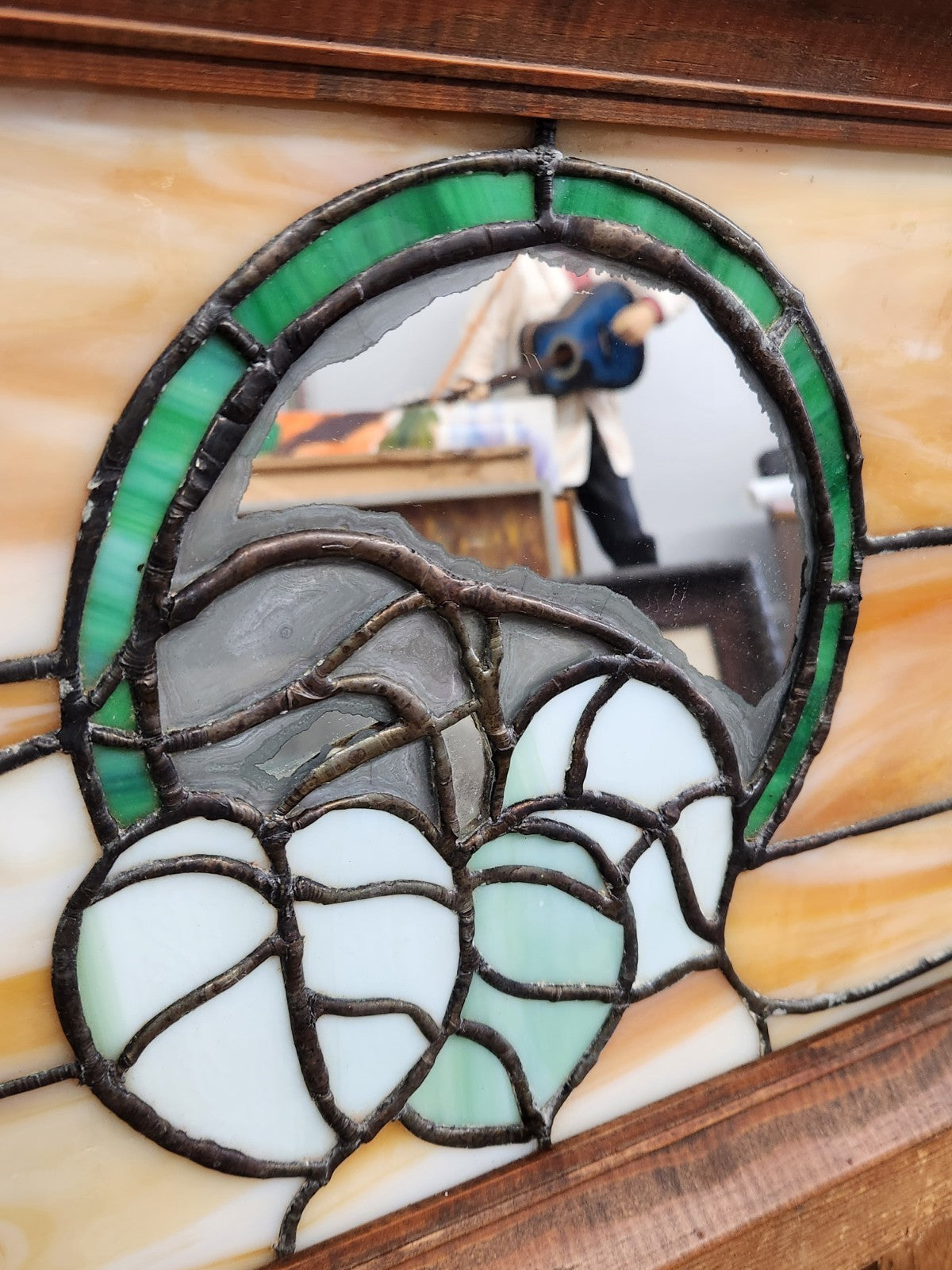 Vintage Stained Glass Leaf Panel Mirror Accent Wood Frame 16x12