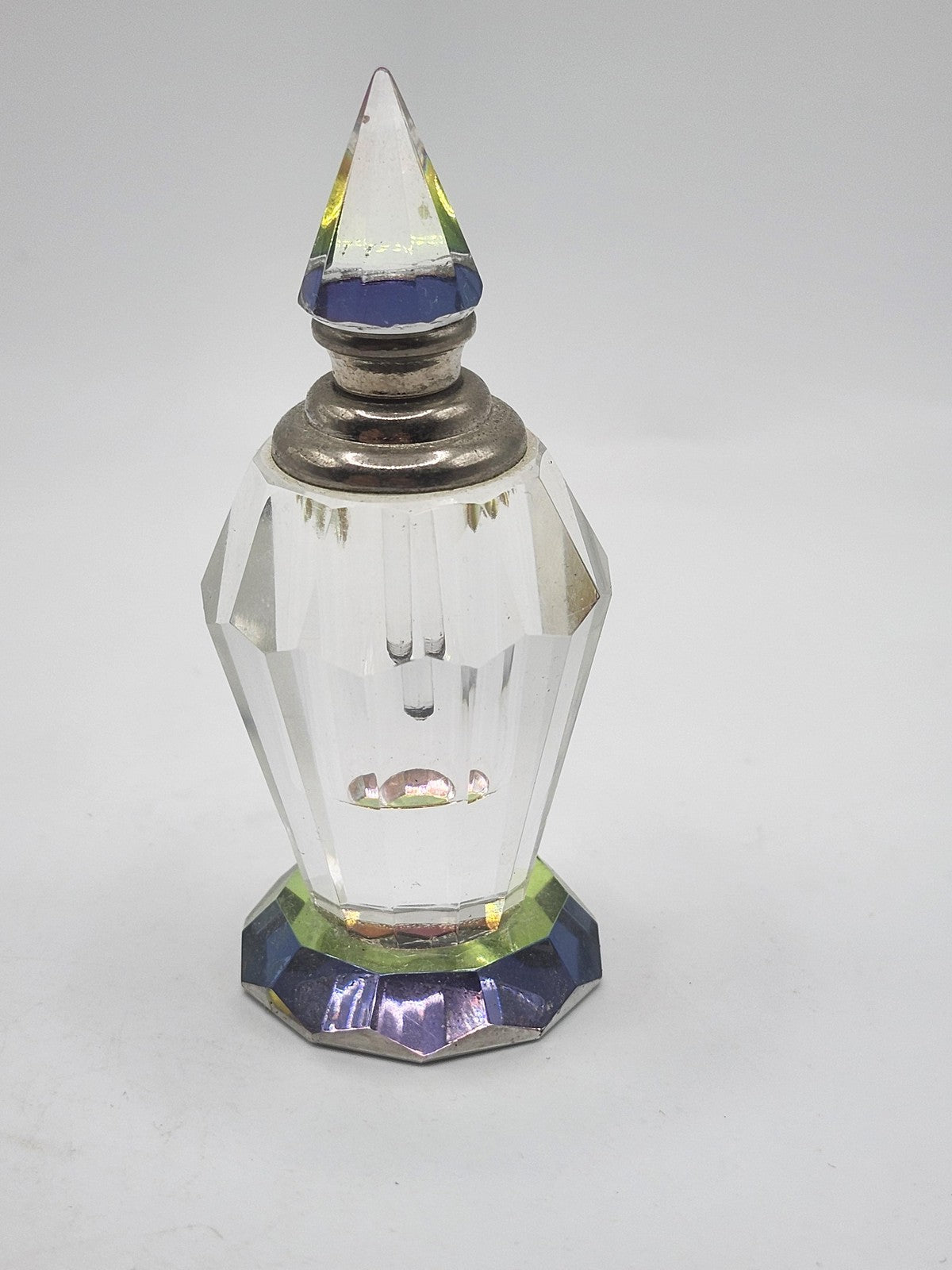Vintage Cut Glass Perfume Bottle Prism Stopper Rainbow Base Vanity Decor Faceted