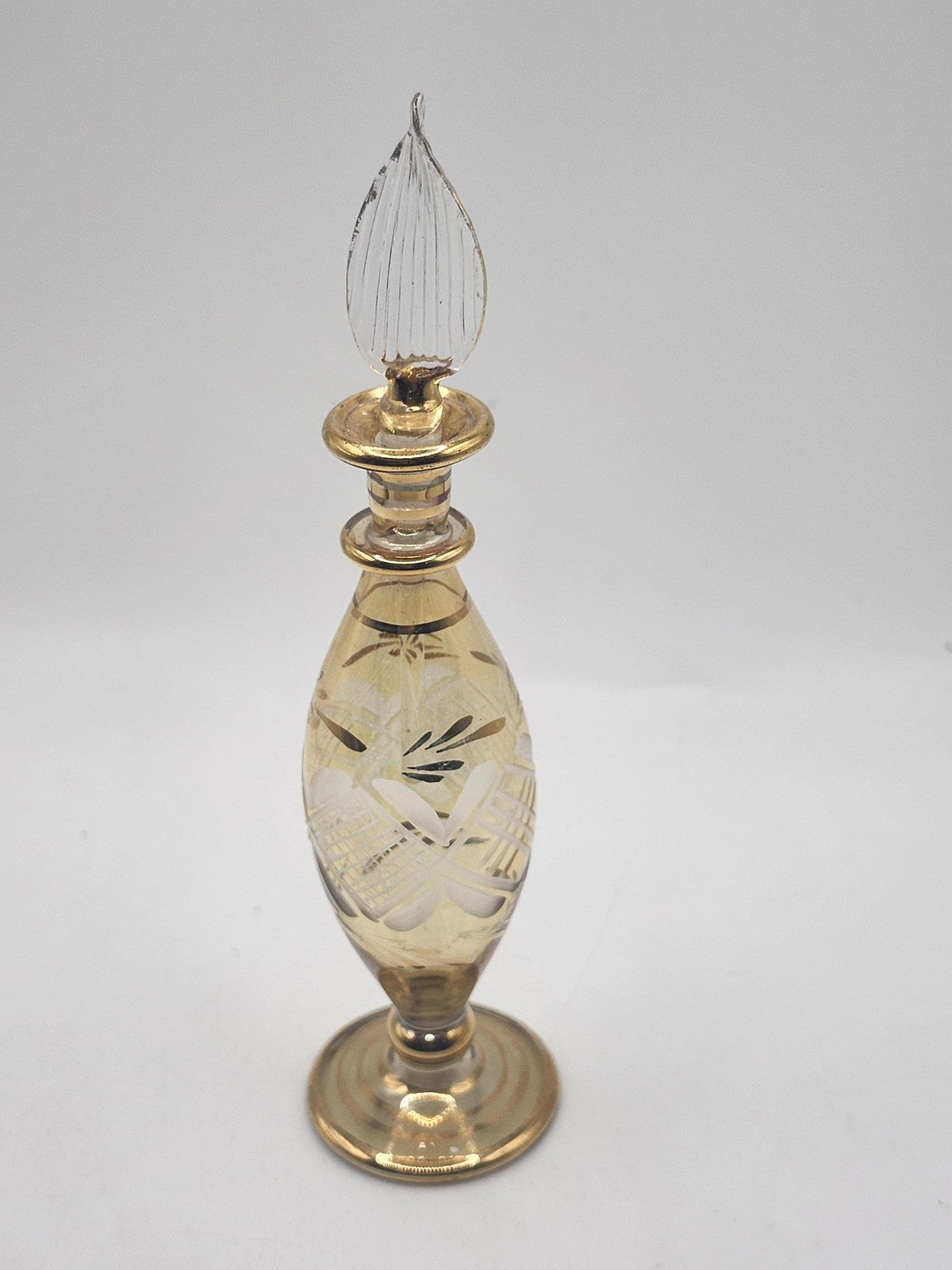 Vintage DeVilbiss Glass Perfume Bottle Gold Etched Floral Stopper USA Decor