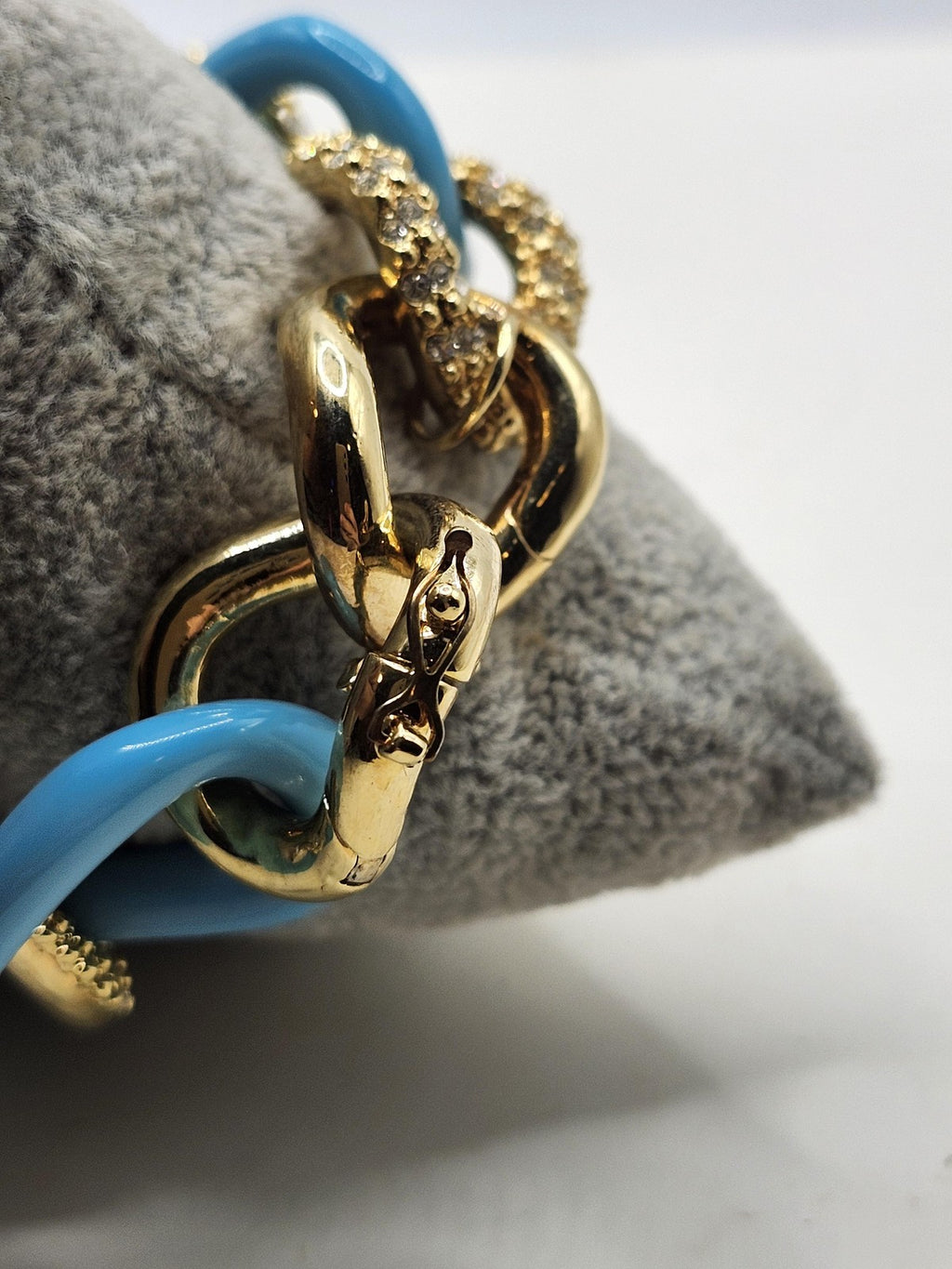 Blue Gold Tone Chain Bracelet Snake Link Rhinestone Magnetic 7.5 Inch Statement