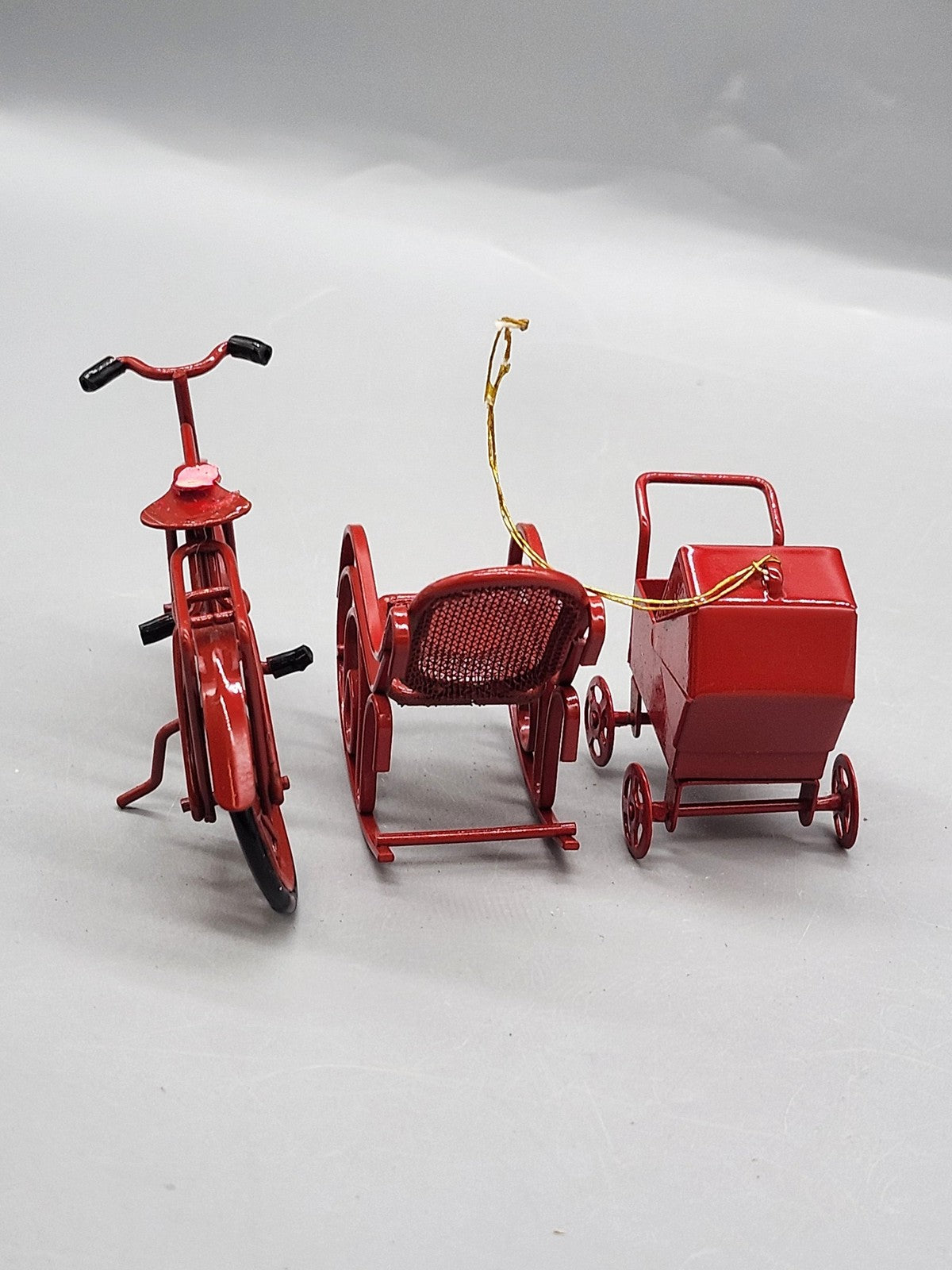 Miniature Red Metal Bicycle Rocking Chair Baby Carriage Toy Lot Dollhouse Decor