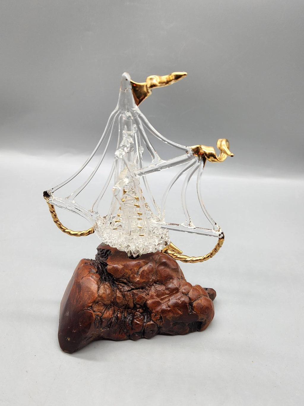Vintage Hand Blown Art Glass Sailboat Sculpture 22KT Gold Burl Wood Base MCM