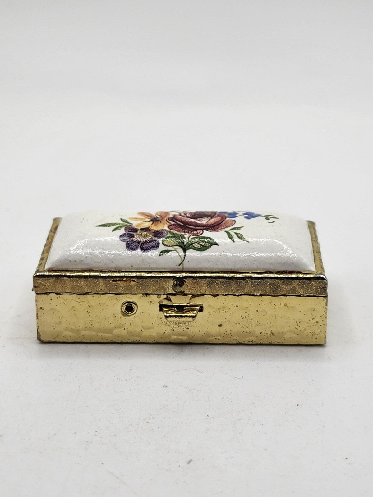 Vintage Rectangular Floral Enamel Trinket Pill Box Gold Tone Metal Small Decor