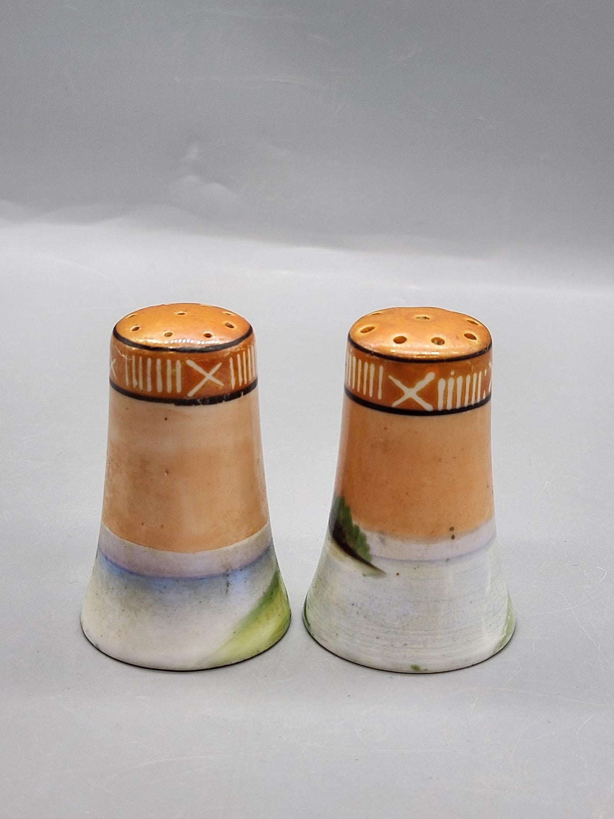 Vintage Japan Porcelain Salt & Pepper Shaker Set Small Handpainted Scenic Decor