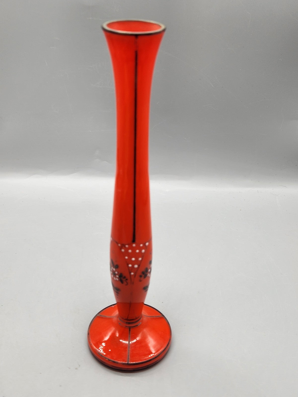 Vintage Czech Red Art Glass Bud Vase Hand Painted Floral 8” Bohemian Vase