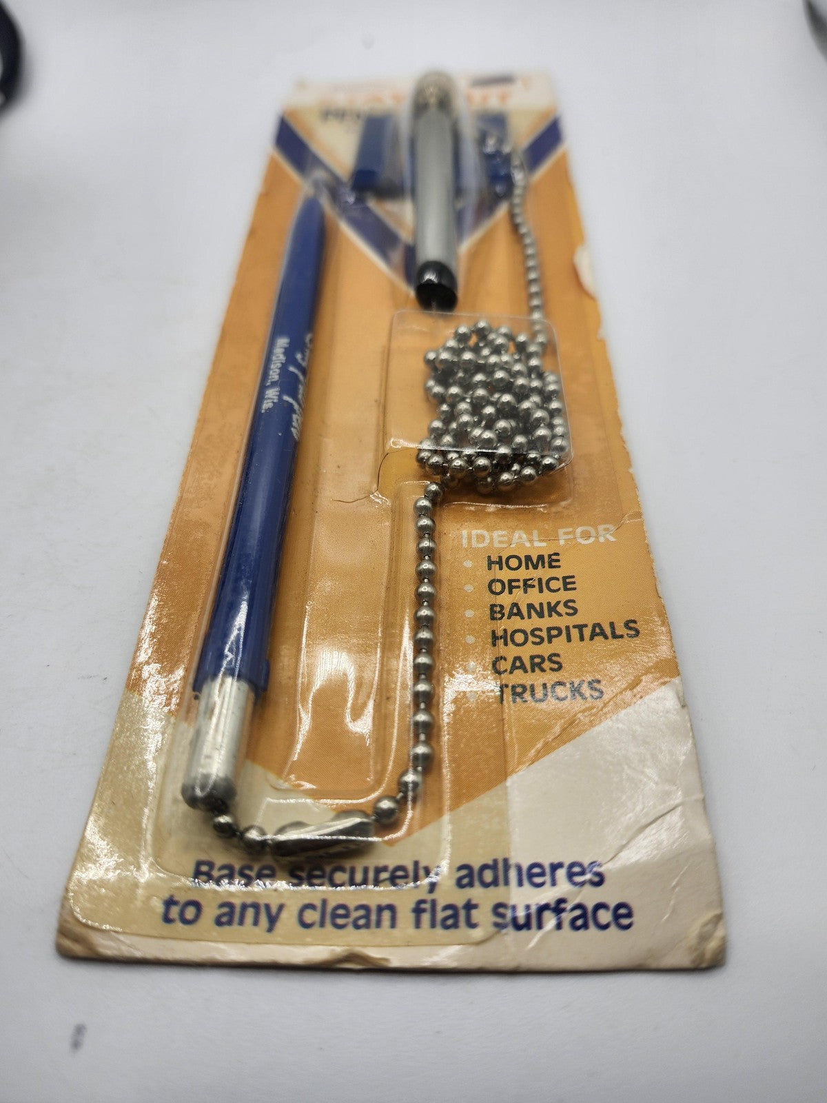 Vintage W.T. Rogers Stay-Put Pen Holder Blue Ink Chrome Chain USA Desk Mount