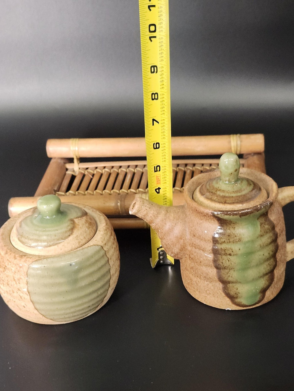 Stoneware Japanese Tea Set Brown Green Glaze Bamboo Tray Small Table Decor