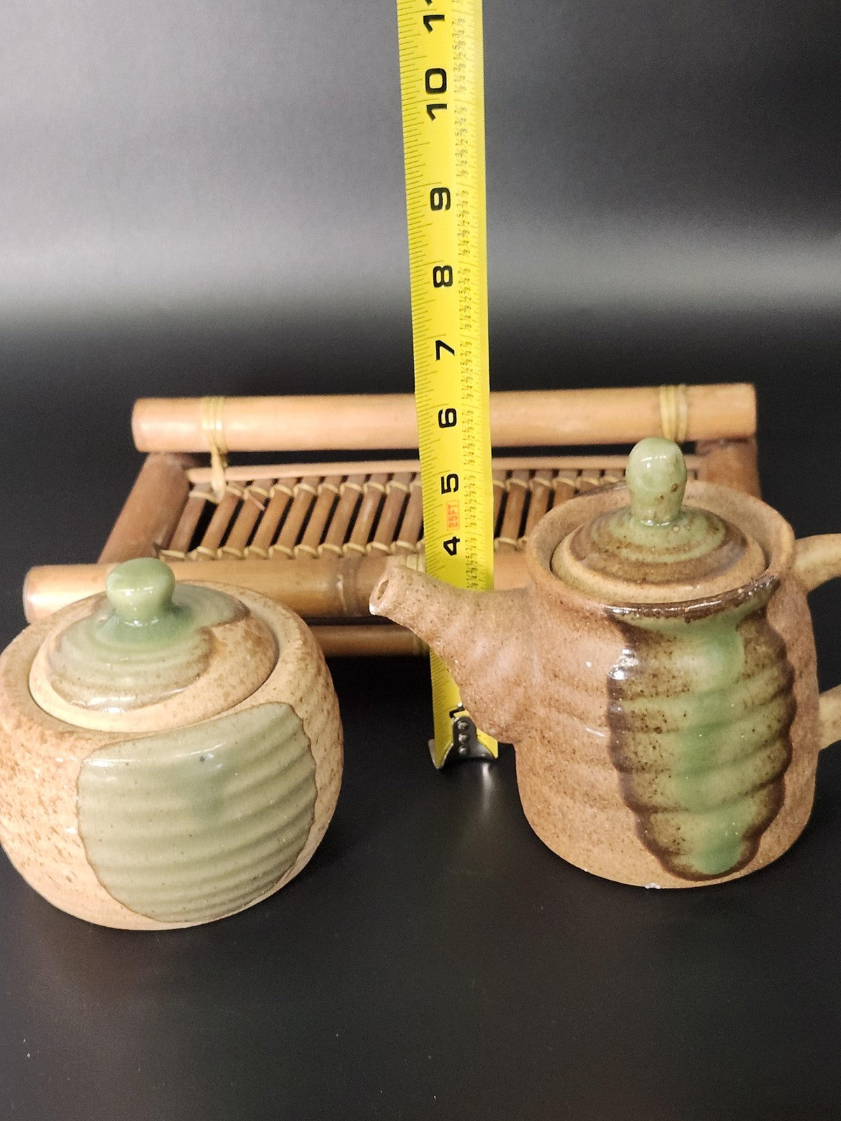 Stoneware Japanese Tea Set Brown Green Glaze Bamboo Tray Small Table Decor