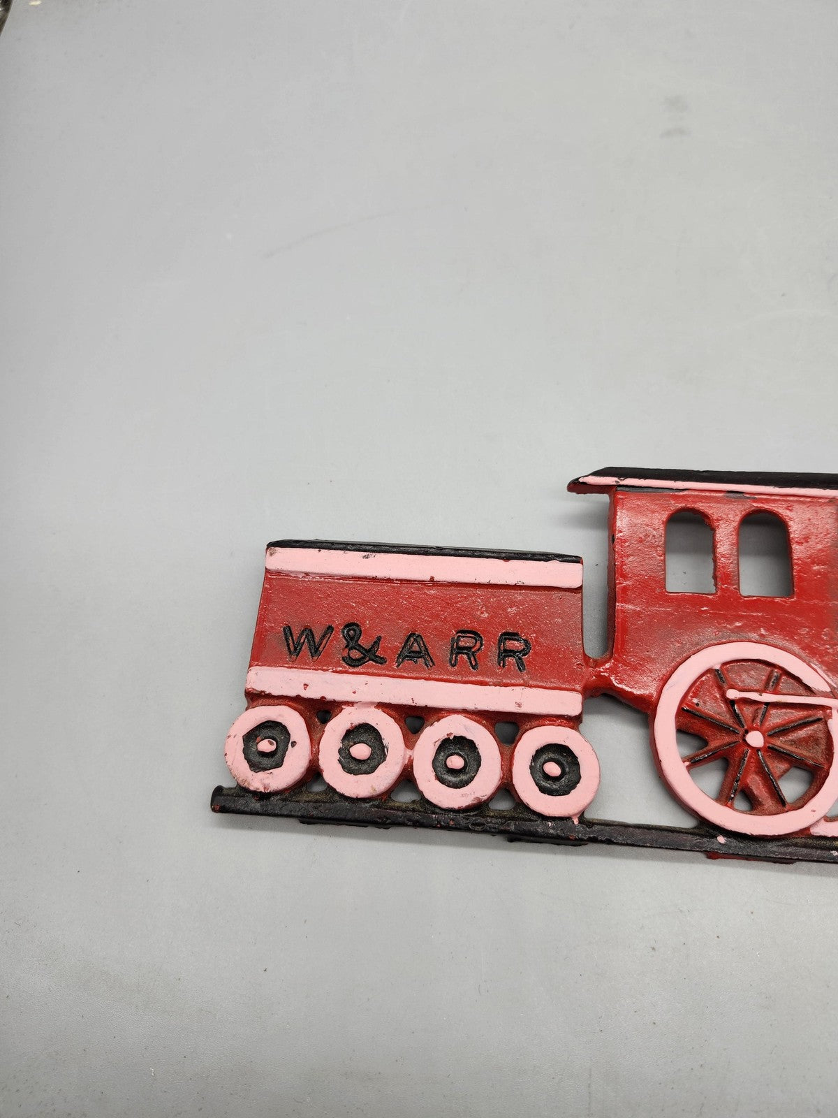 Vintage Unmarked Train Locomotive Plaque Red Black Cast Metal W&ARR Decor