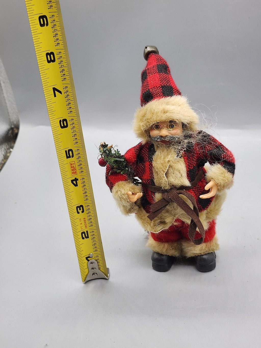 Buffalo Plaid Santa Claus Figurine Small Red Fabric Fur Christmas Tabletop Decor