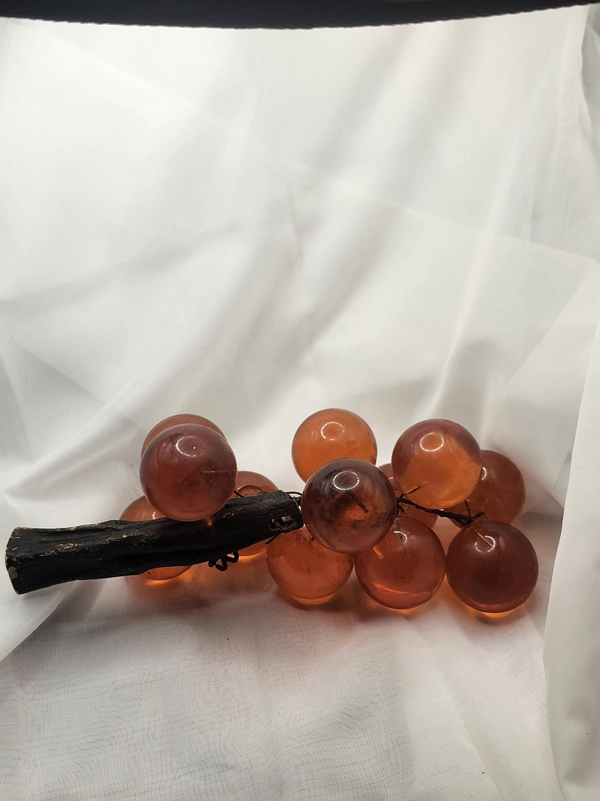 Vintage Mid Century Lucite Grape Cluster Sculpture Orange Wood Stem Decor Art
