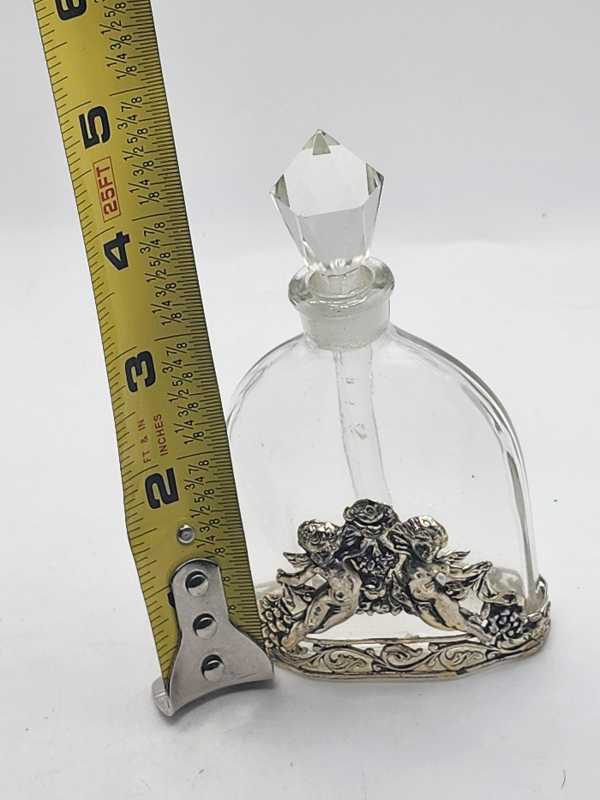 Vintage DeVilbiss Perfume Bottle Cherub Metal Base Clear Stopper Vanity Decor