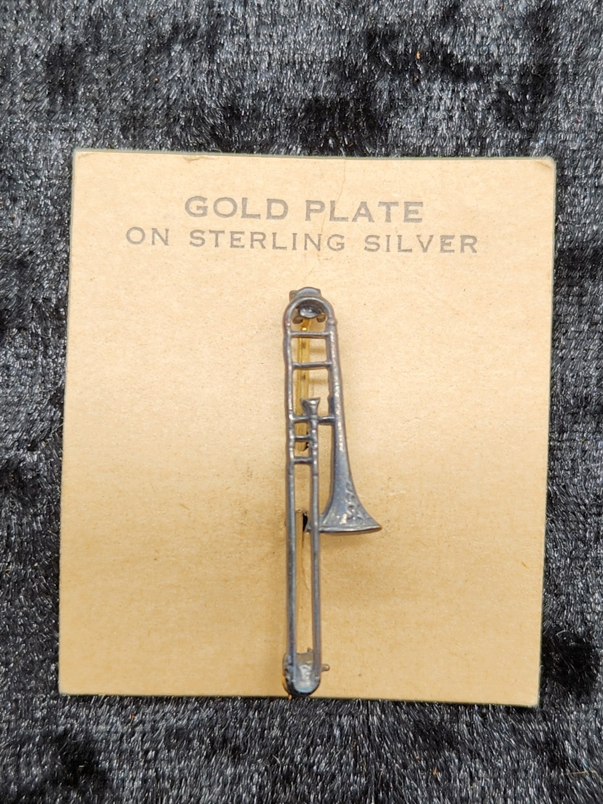 Vintage Trombone Brooch Pin Gold Plate on Sterling Silver w/ Original Card Music