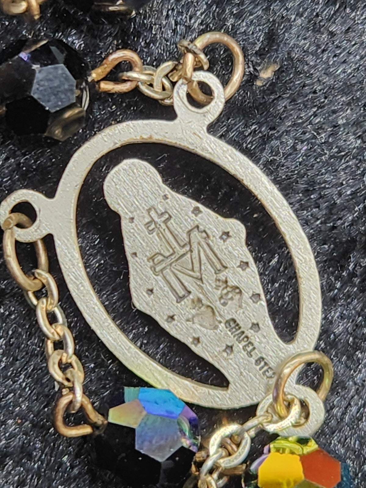 Vintage 925 Sterling Silver Miraculous Medal Rosary Black Aurora Borealis...