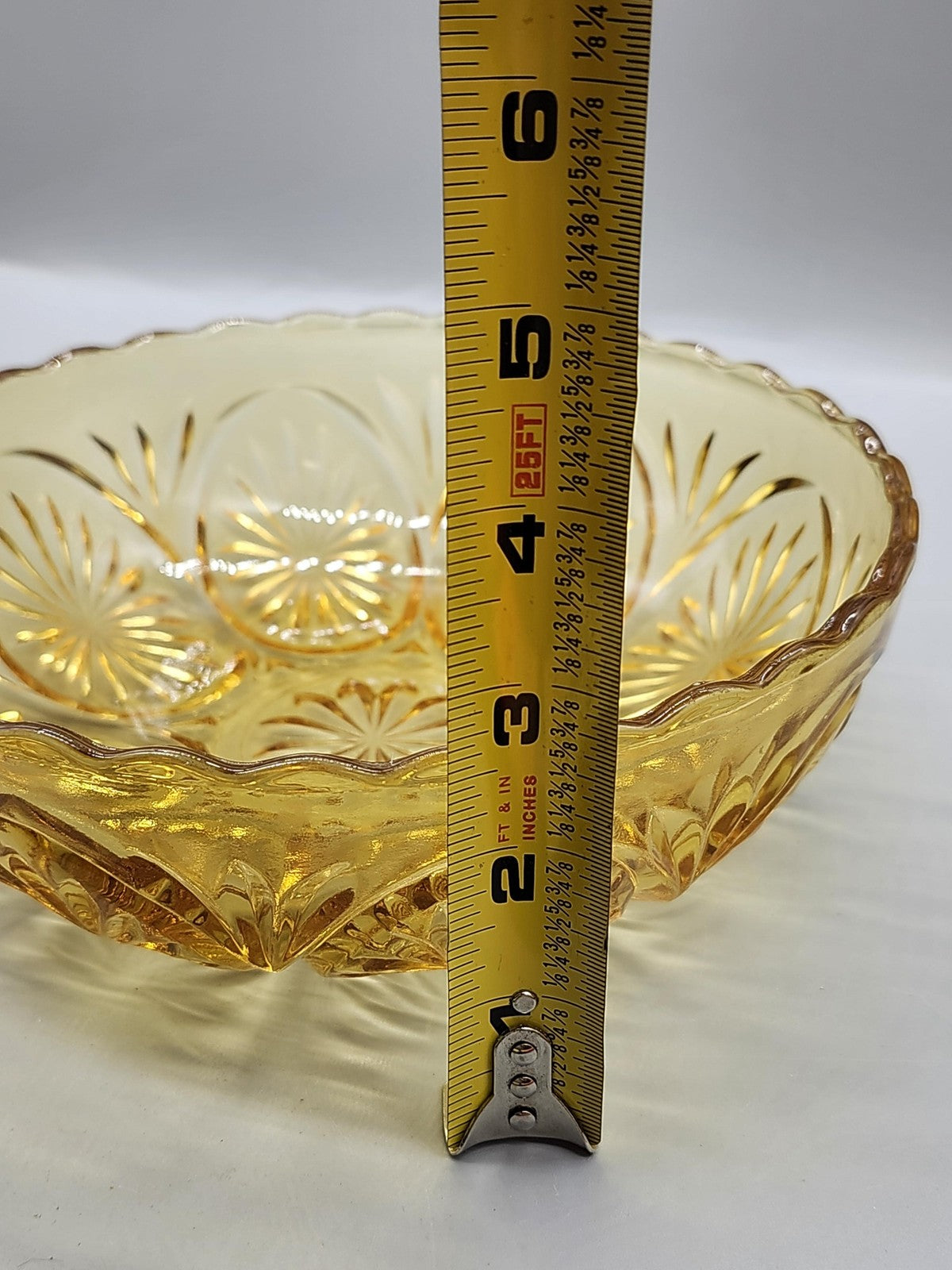 Vintage Yellow Pressed Glass Serving Bowl Starburst Round Scalloped Retro Decor