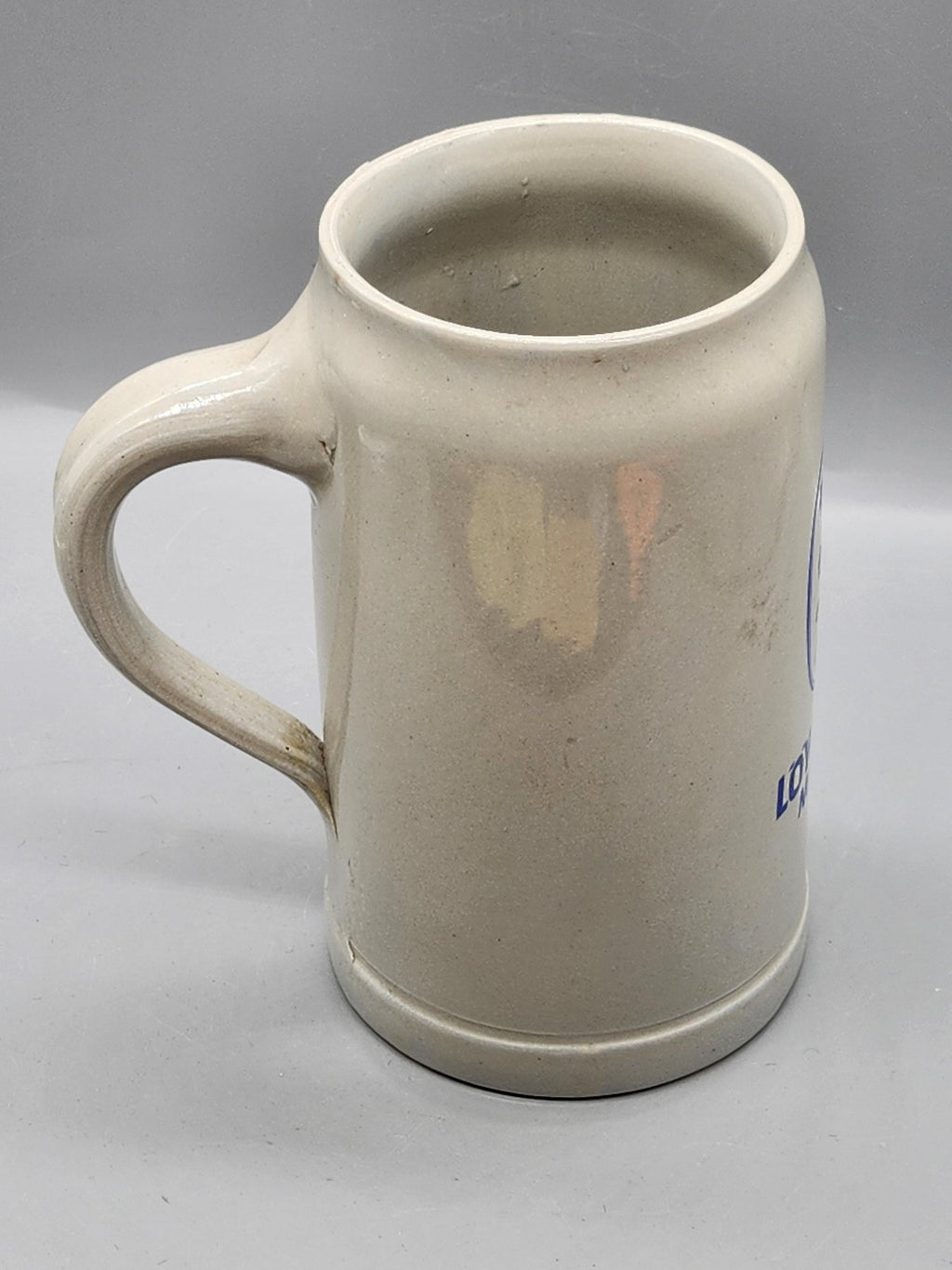 Vintage Lowenbrau Munchen Beer Mug 1L Gray Blue Stoneware Germany Breweriana