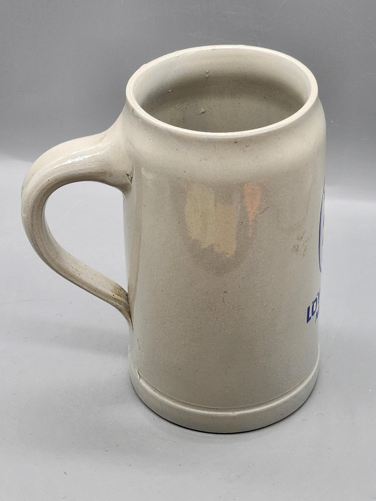 Vintage Lowenbrau Munchen Beer Mug 1L Gray Blue Stoneware Germany Breweriana