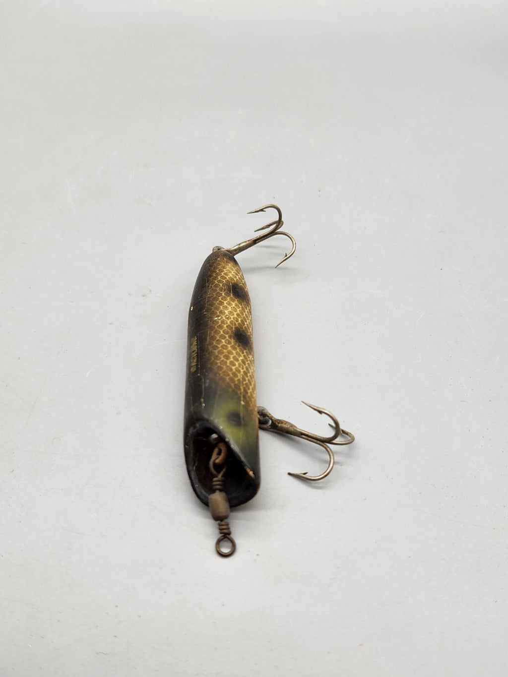 Vintage Artlure Wooden Fishing Lure Crackle Finish Black Gold Dual Treble Hooks