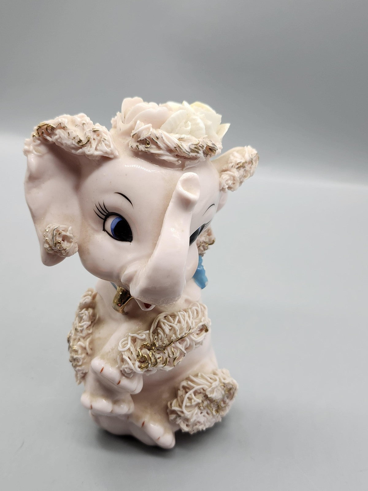 Vintage Pink Porcelain Elephant Figurine Spaghetti Flowers Blue Bow Collectible
