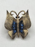 GJ Butterfly Brooch Pin Gold Tone Blue Rhinestone Insect Costume Jewelry Gift