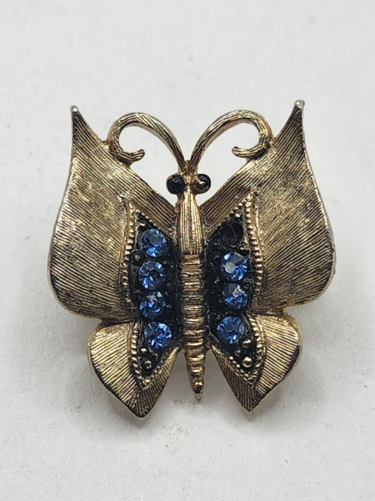 GJ Butterfly Brooch Pin Gold Tone Blue Rhinestone Insect Costume Jewelry Gift