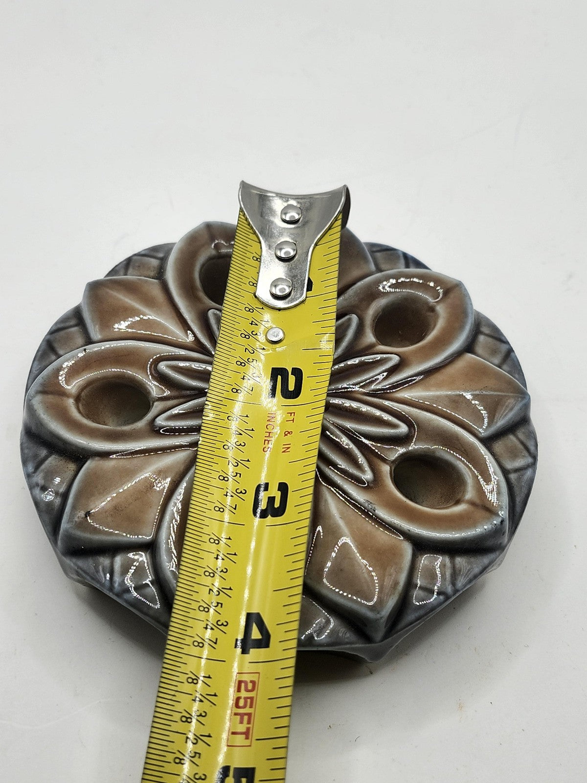 Unmarked Brown Stoneware Floral Candle Holder Round Multi Taper Table Decor