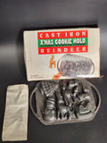 Vintage Cast Iron Christmas Cookie Mold Reindeer Snowman Tree Sleigh With Box