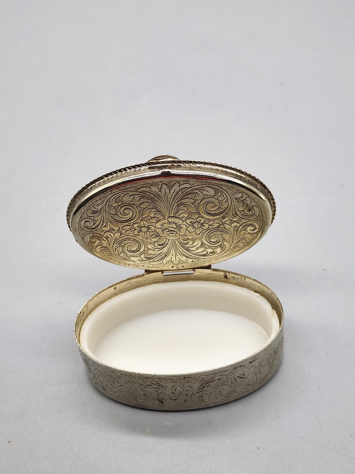 Vintage Oval Floral Porcelain Trinket Pill Box Silver Tone Engraved Jewelry