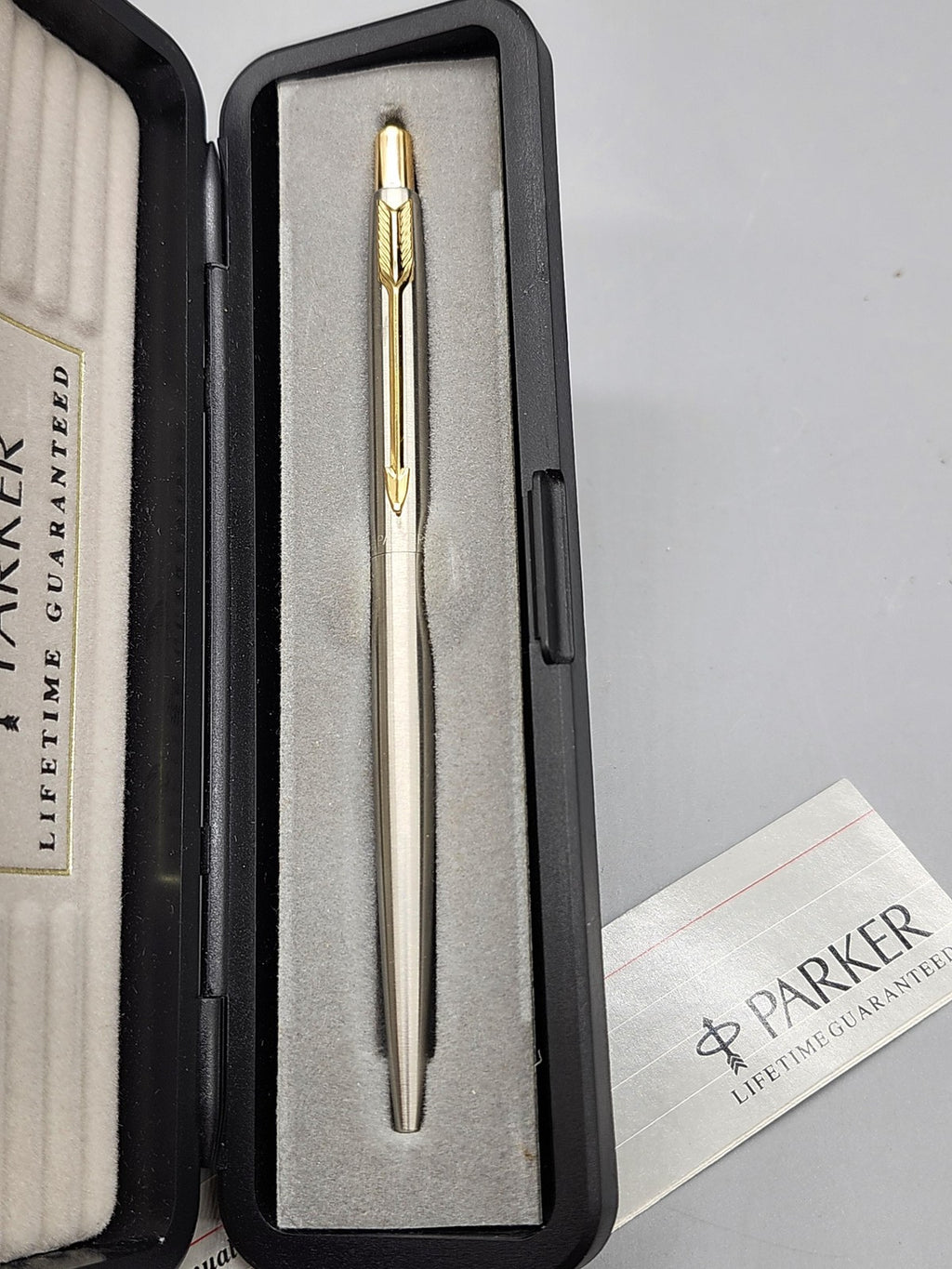 Parker Ballpoint Pen Silver Tone Steel Gold Trim Black Ink Gift Case Manual