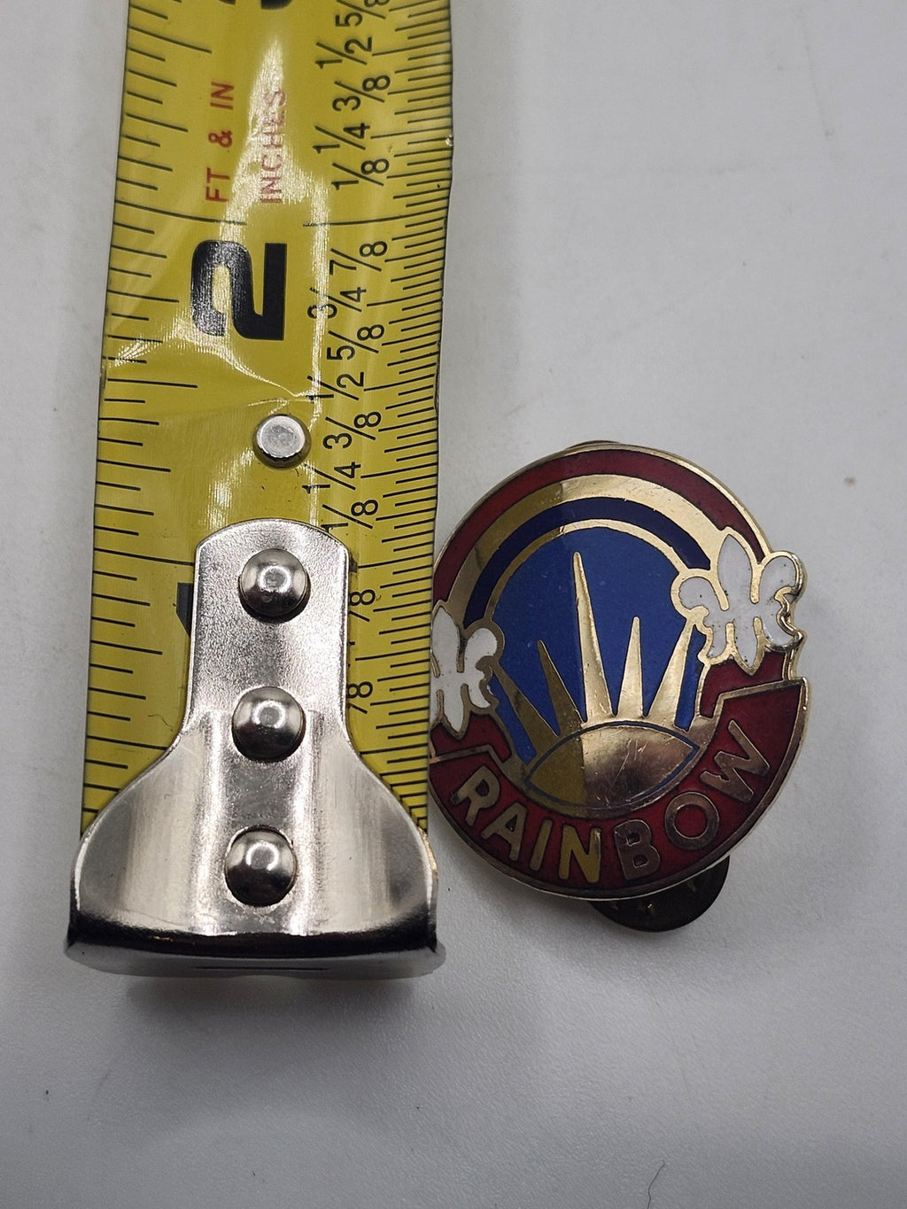 Vintage Rainbow Enamel Lapel Pin Small Blue Red Gold Tone Fleur De Lis Badge