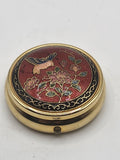 Gold Enamel Hummingbird Floral Travel Pill Holder Box 3 Compartment Case Round