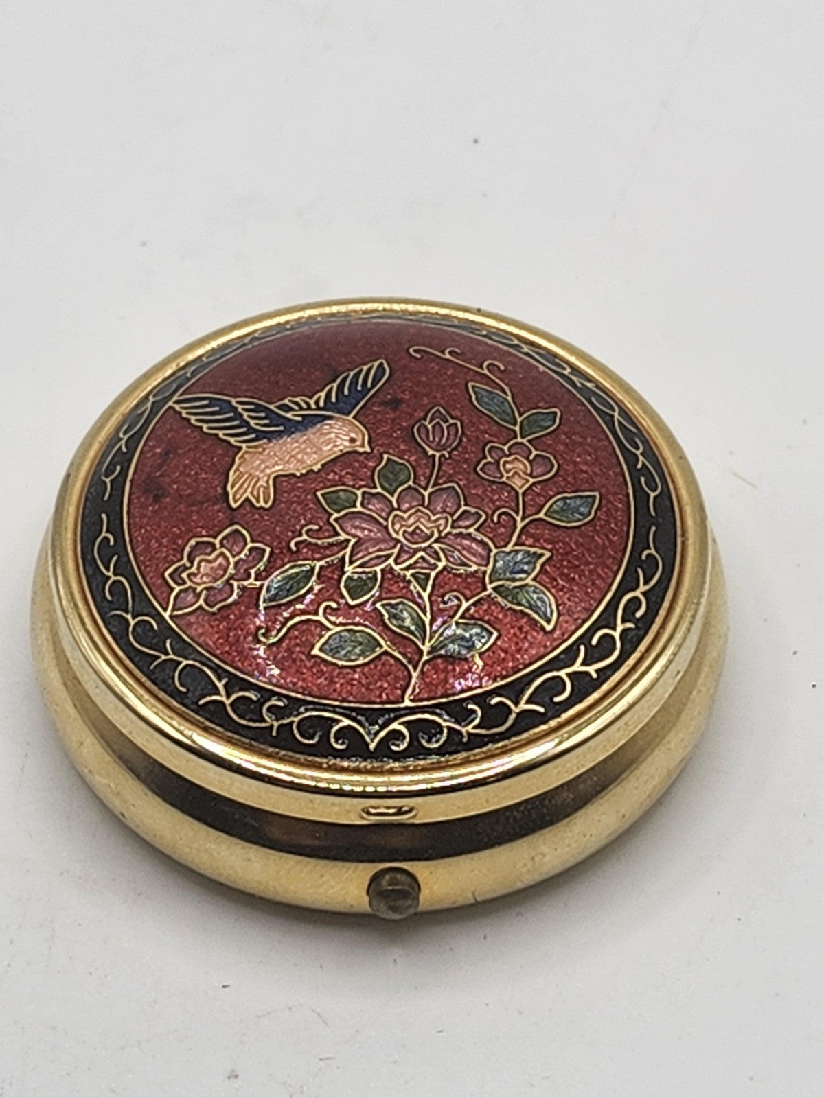 Gold Enamel Hummingbird Floral Travel Pill Holder Box 3 Compartment Case Round