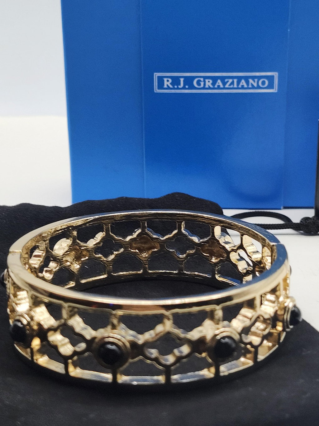 R.J. Graziano Gold Tone Bangle Bracelet Black Cabochon Openwork Jewelry Gift