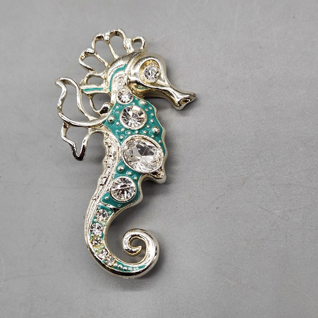 Seahorse Brooch Silver Tone Aqua Enamel Rhinestone Sea Life Pin Jewelry Gift