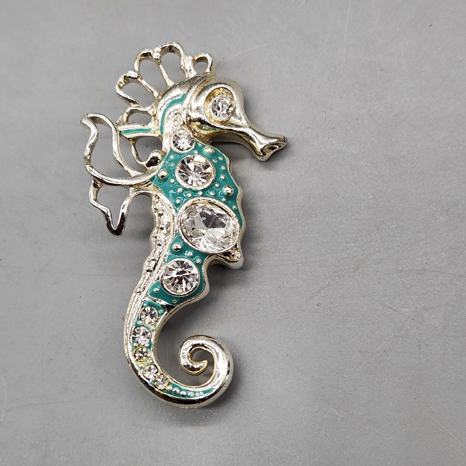 Seahorse Brooch Silver Tone Aqua Enamel Rhinestone Sea Life Pin Jewelry Gift