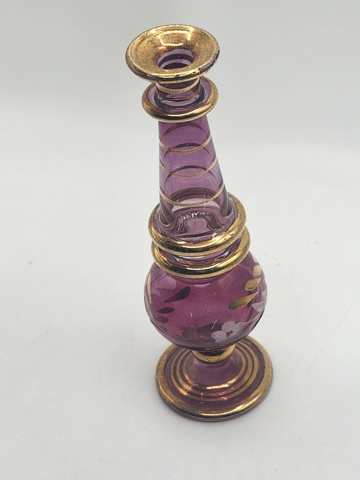 Vintage Purple Glass Perfume Bottle Clear Stopper Gold Trim Floral Design Decor