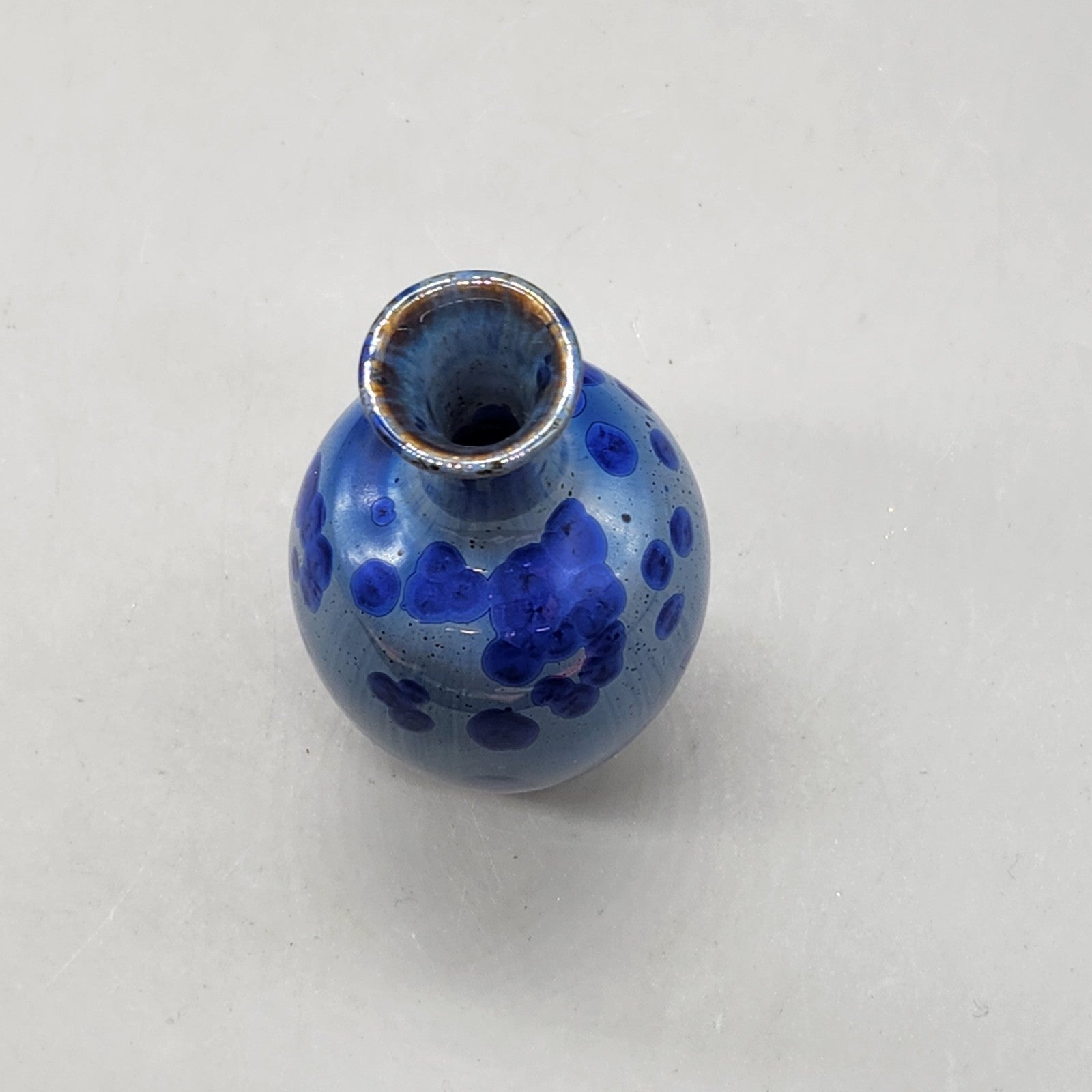 Signed Studio Pottery Vase Blue Drip Glaze Handmade Art Pottery 4.5”