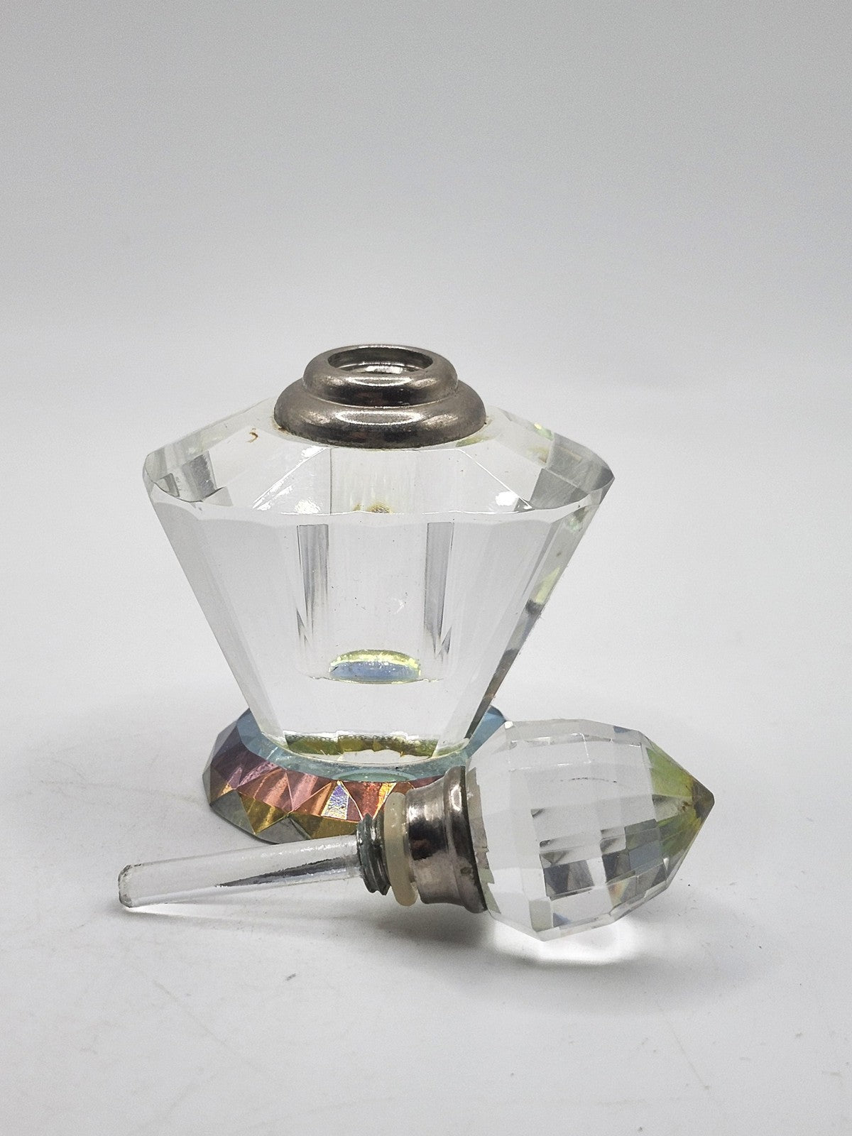 Vintage Crystal Perfume Bottle Faceted Clear Stopper Iridescent Vanity Decor