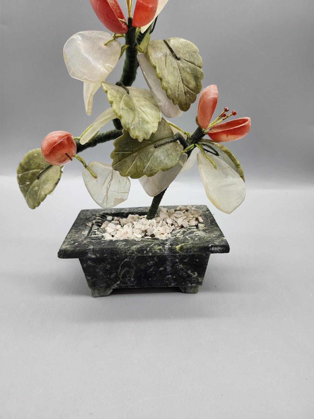 Vintage Gemstone Bonsai Tree Sculpture Small Green Stone Floral Asian Decor