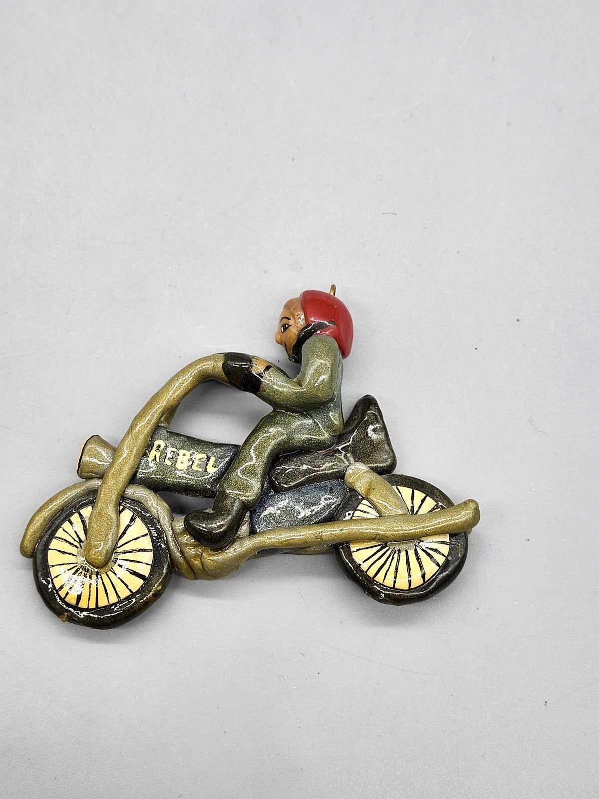 Vintage Rebel Motorcycle Rider Ornament Small Multicolor Ceramic Biker Decor