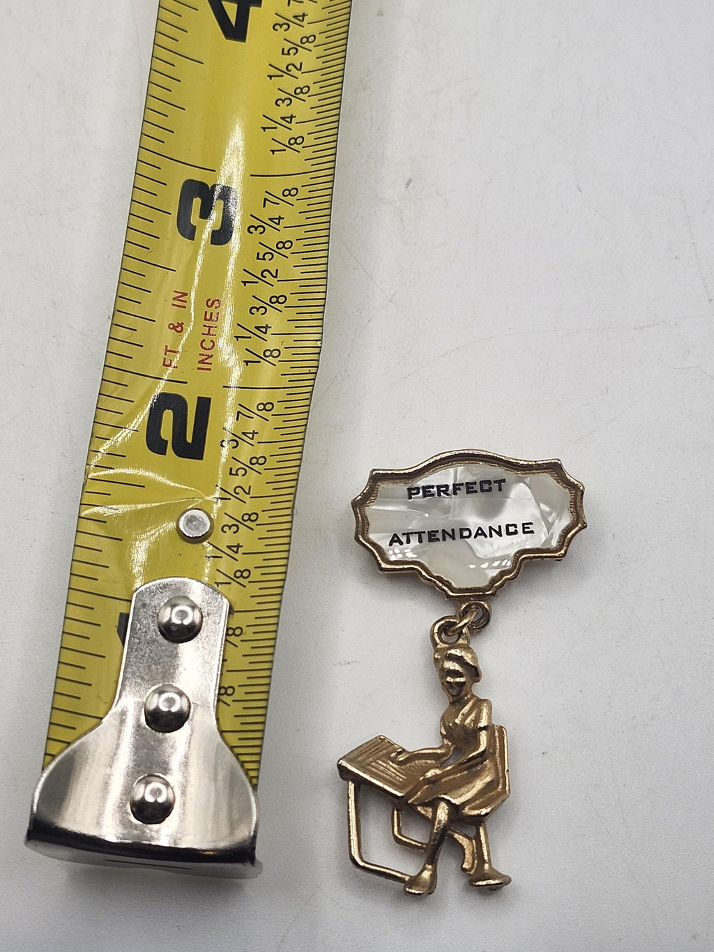 Vintage Perfect Attendance Award Pin Gold Tone Student At Desk School Jewelry
